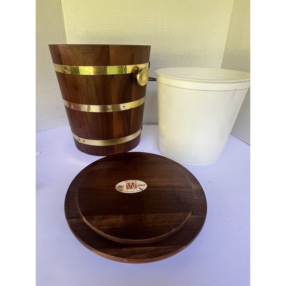 Ice Bucket Walnut Wood Vermillion Brass Vintage‎ liner bucket  MCM - Picture 2 of 12